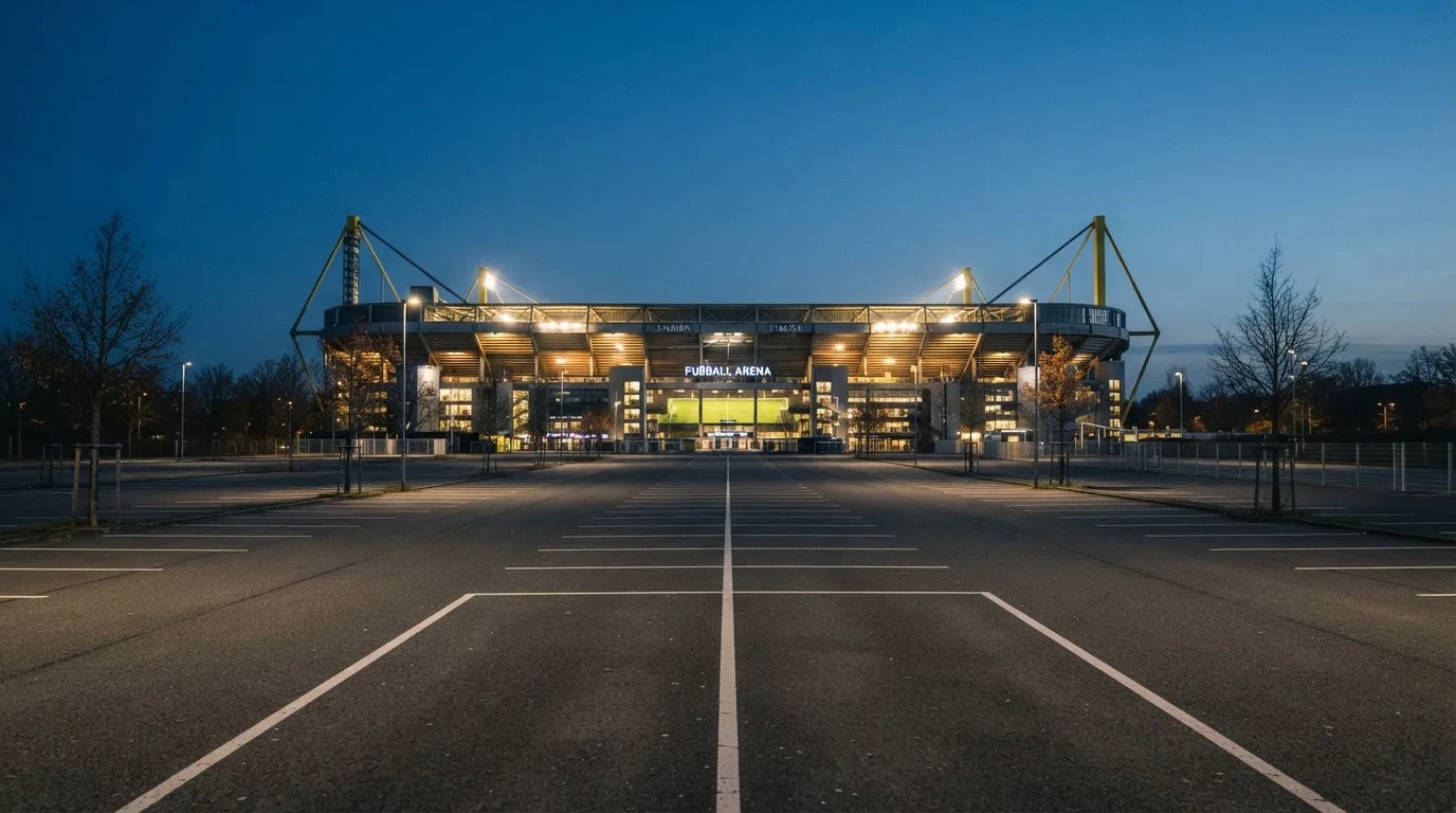 Ein Fußballstadion unter Flutlicht, aus großer Entfernung bei Einbruch der Dunkelheit gesehen, davor ein leerer Parkplatz.