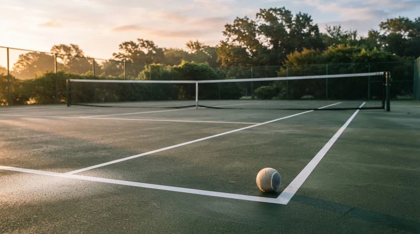 Ein Tennisplatz bei Sonnenaufgang, die Linien noch taufeucht, ein einzelner Ball liegt an der Grundlinie.