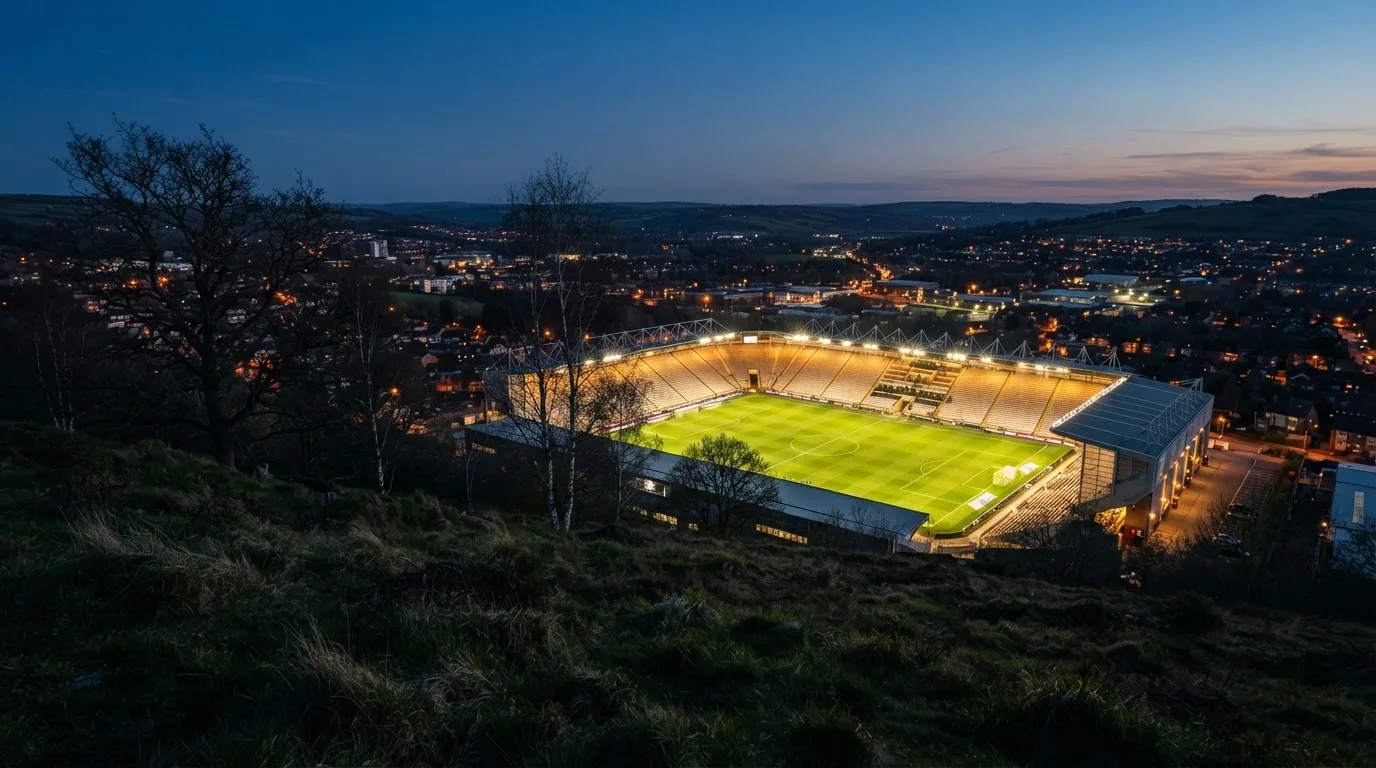 Ein leeres Stadion mit hell erleuchteten Rängen in der Abenddämmerung, von einem Hügel aus fotografiert.