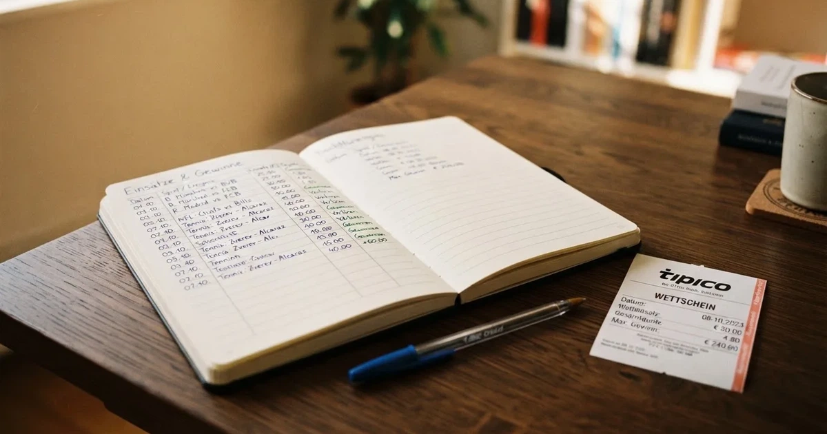 Ein paar Euro-Münzen und ein einzelner Geldschein liegen neben einem aufgeschlagenen Notizbuch mit handschriftlichen Zahlenreihen auf einem Schreibtisch.