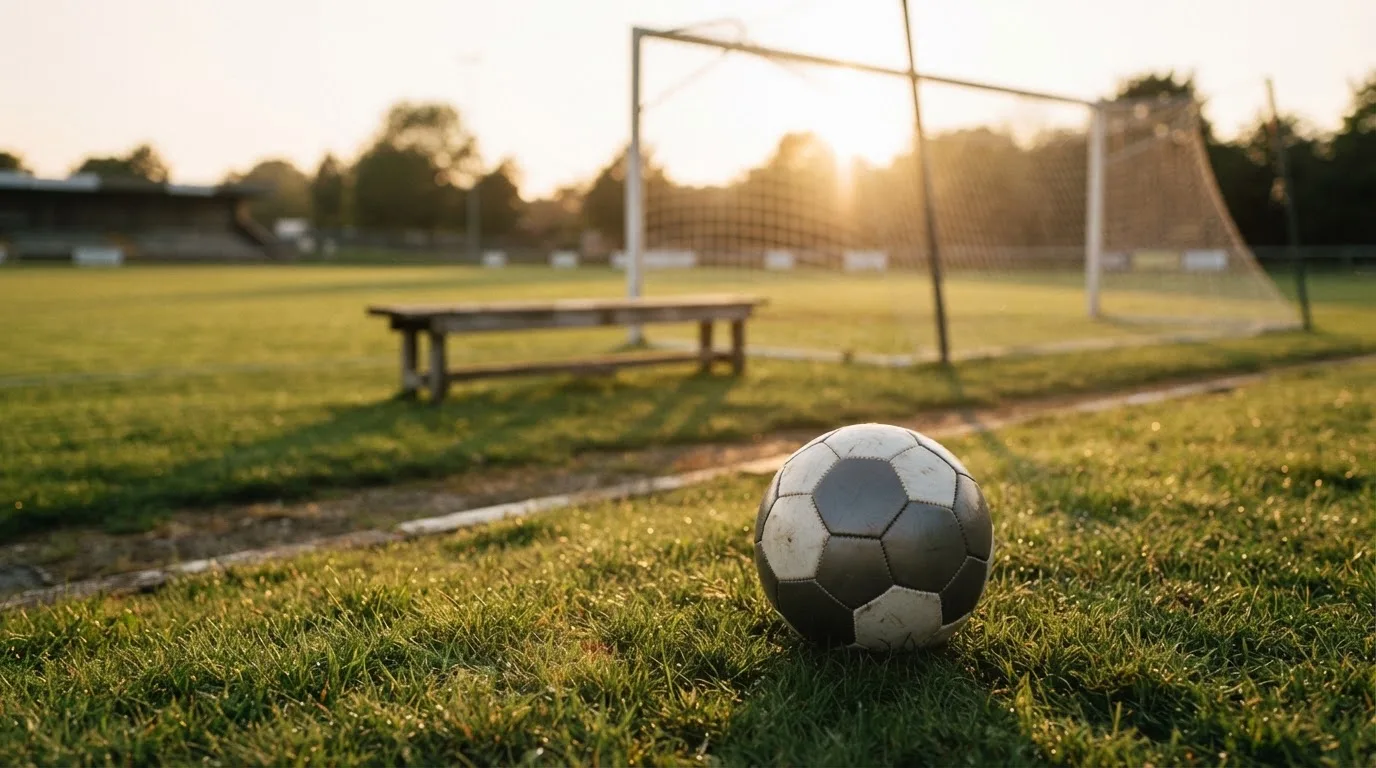 Ein Fußball liegt im Gras am Spielfeldrand, dahinter eine leere Bank und ein Tor im Gegenlicht.