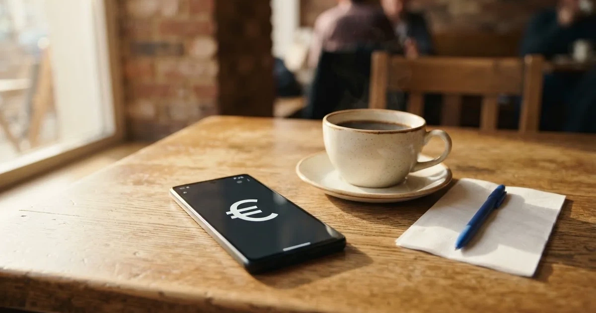 Ein Smartphone liegt mit dunklem Display auf einem Café-Tisch neben einer Tasse Kaffee und einem Kugelschreiber.