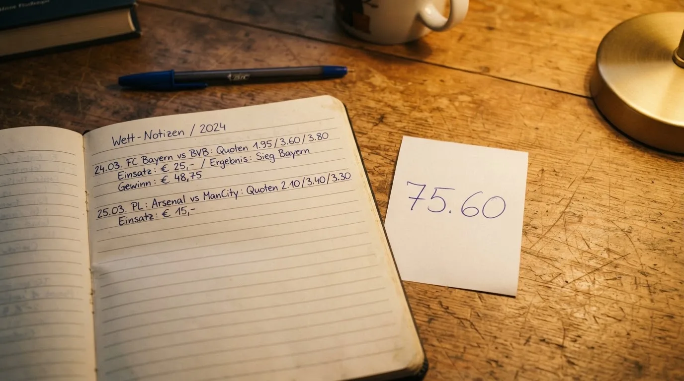 Ein Notizbuch mit handschriftlichen Notizen liegt aufgeschlagen neben einem leeren Papier-Wettschein auf einem Holztisch.