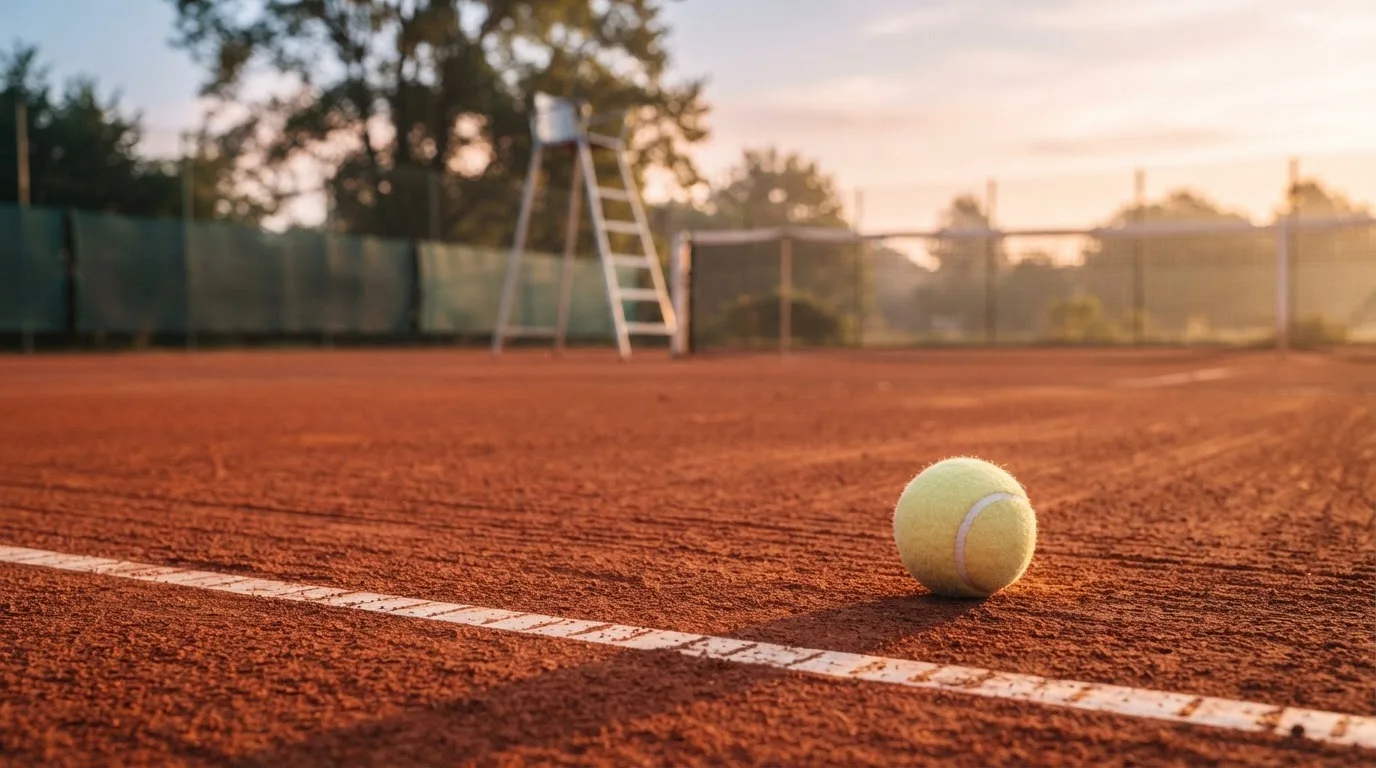 Ein Tennisball liegt auf einem roten Sandplatz bei Sonnenaufgang, im Hintergrund ein leerer Schiedsrichterstuhl.