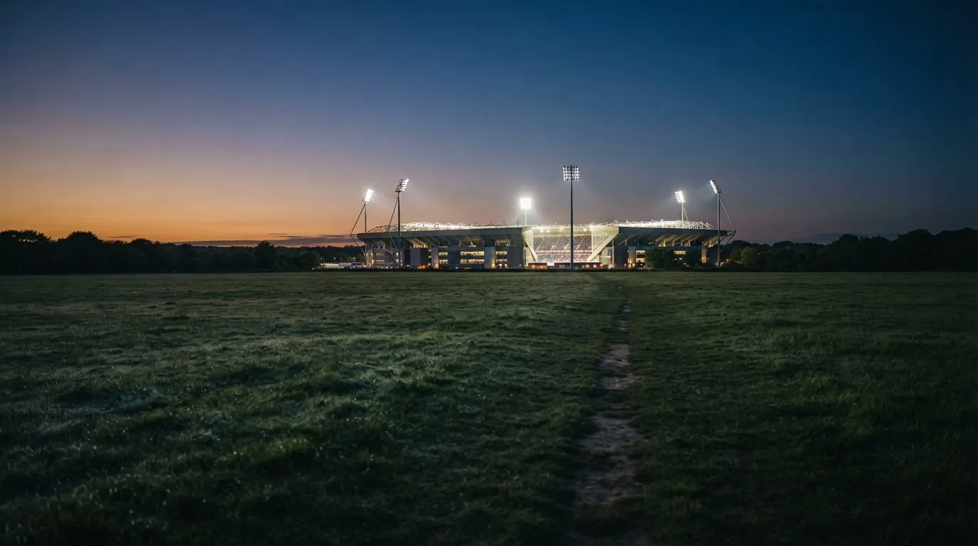 Ein Stadion unter Flutlicht aus der Ferne, davor ein stilles Feld im Dämmerlicht.