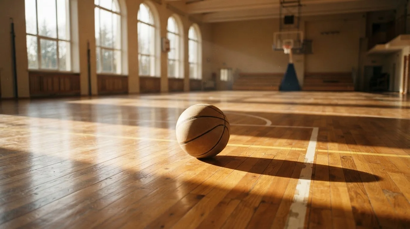 Ein Basketball liegt auf dem Parkett einer leeren Halle, Licht fällt durch hohe Fenster.