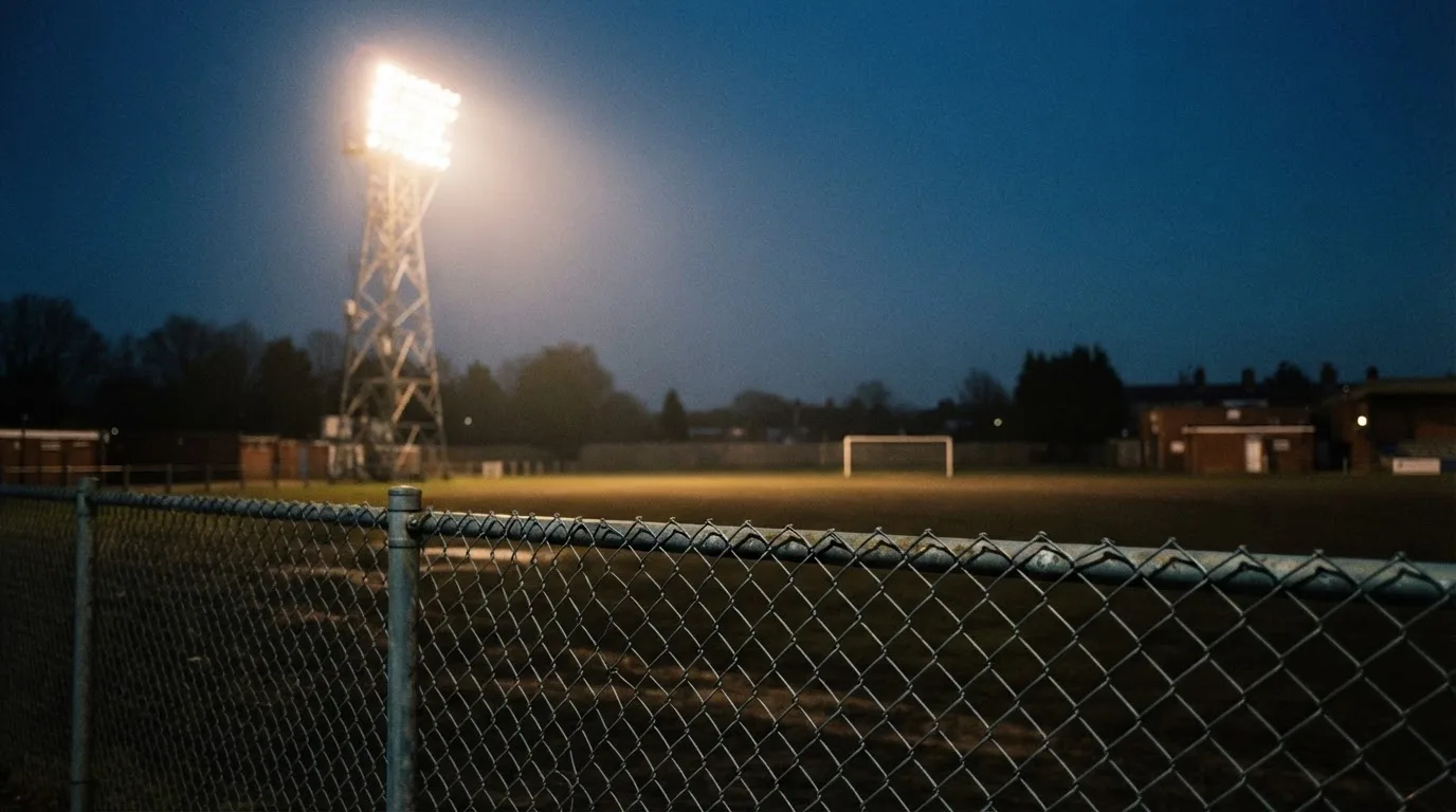 Eine Flutlichtanlage über einem leeren Sportplatz am Abend, im Vordergrund ein Maschendrahtzaun.