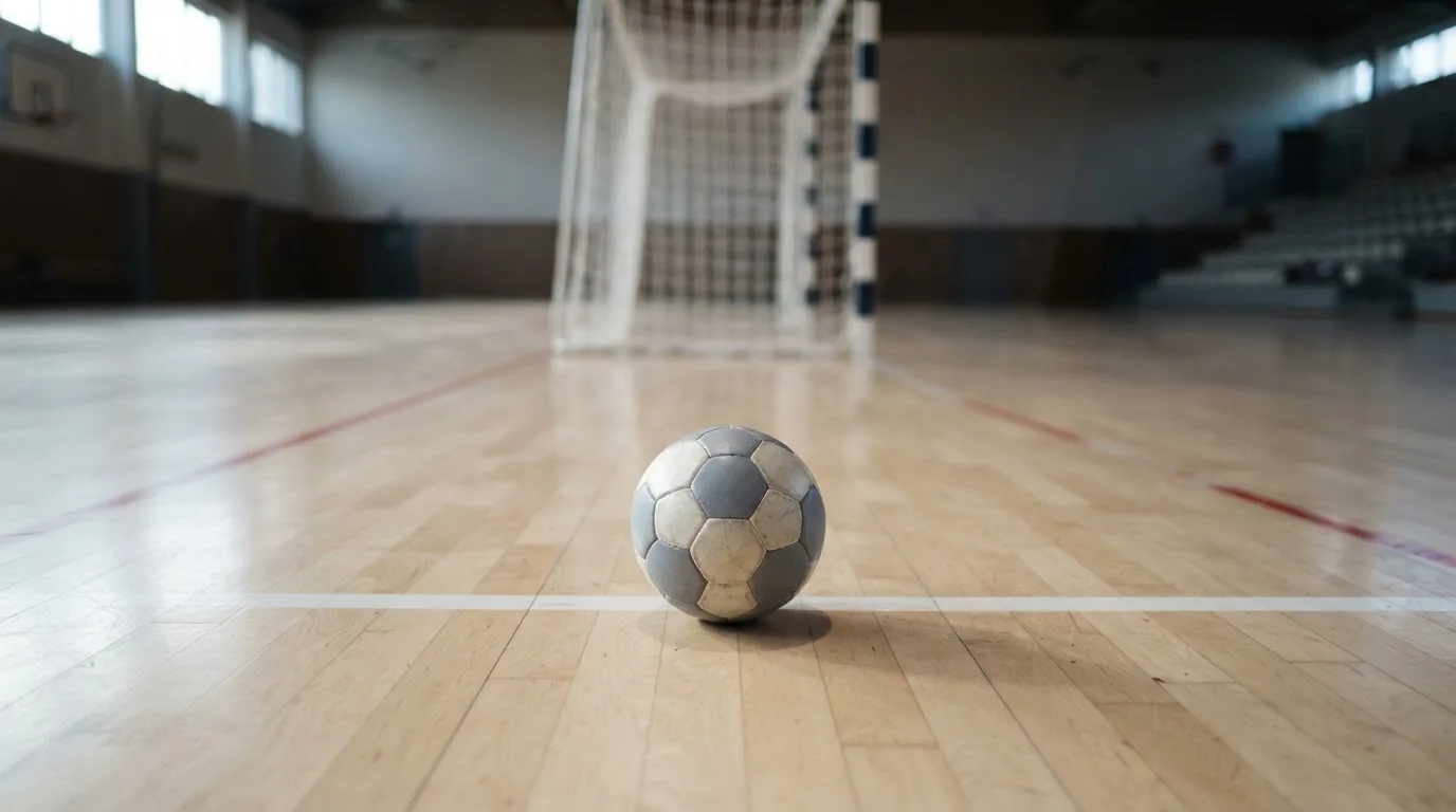Ein Handball liegt in einer leeren Halle auf dem Boden vor dem Tor.