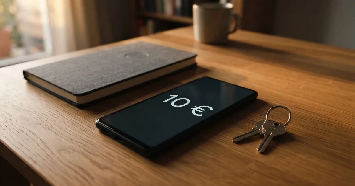 Ein Handy mit abgedunkeltem Display, ein Schlüsselbund und ein Notizblock liegen auf einem Holztisch.