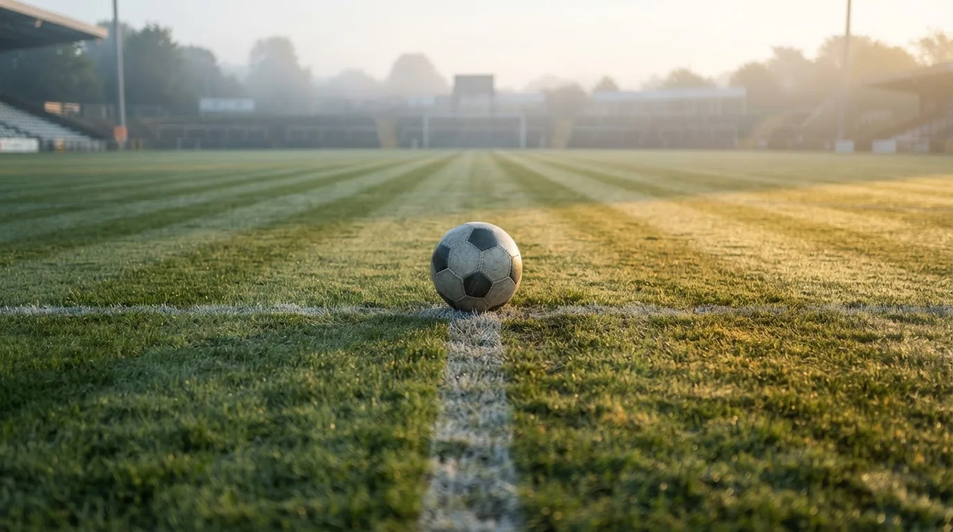 Ein Fußball liegt auf dem Anstoßkreis eines leeren Rasenplatzes im frühen Morgenlicht.