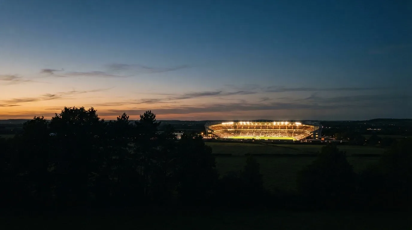 Ein Stadion unter Flutlicht aus großer Entfernung, davor die Silhouetten von Bäumen im Abendhimmel.