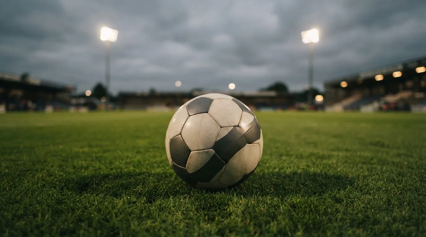 Ein Fußball auf einem Rasenplatz, im Hintergrund Flutlichtmasten und ein bewölkter Himmel.