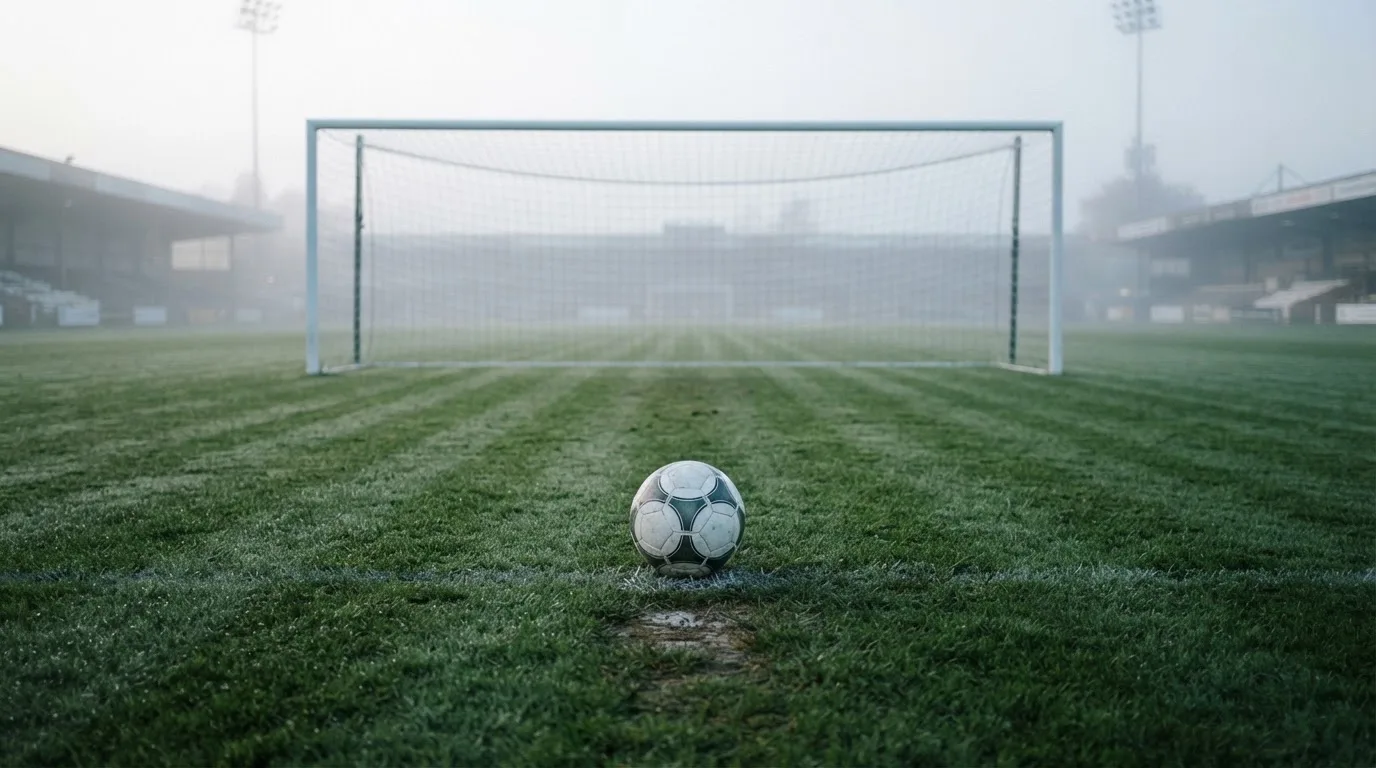 Ein Fußball auf dem Rasen vor einem leeren Tor im frühen Morgenlicht.