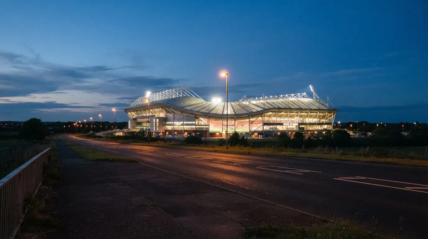 Ein Stadion aus der Ferne bei Flutlicht, davor eine ruhige Straße in der Abenddämmerung.