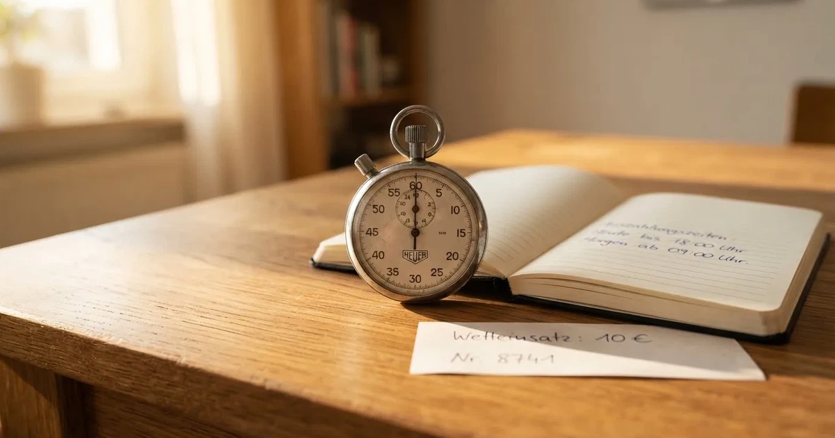 Eine Stoppuhr liegt neben Münzen und einem Notizbuch auf einem Holztisch, Tageslicht fällt von der Seite ein.