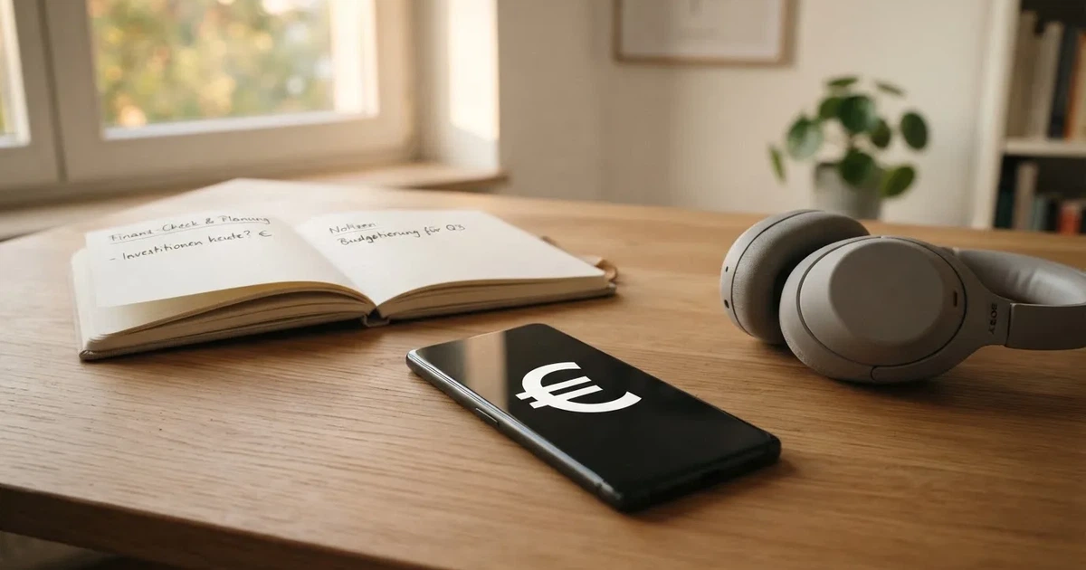 Ein Smartphone mit schwarzem Display liegt neben Kopfhörern auf einem Schreibtisch, daneben ein aufgeschlagenes Notizbuch.