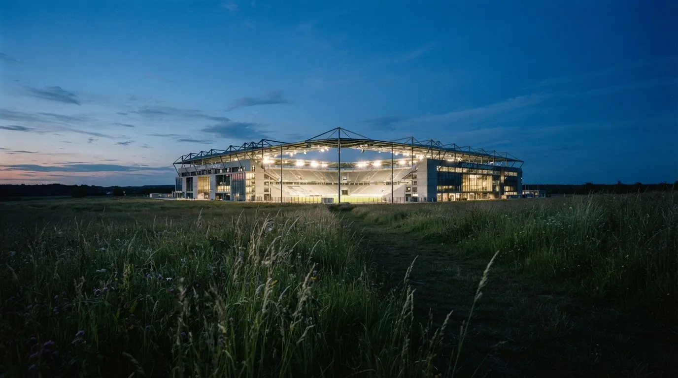 Ein hell beleuchtetes Stadion aus der Ferne in der Dämmerung, im Vordergrund ein Feld mit hohem Gras.