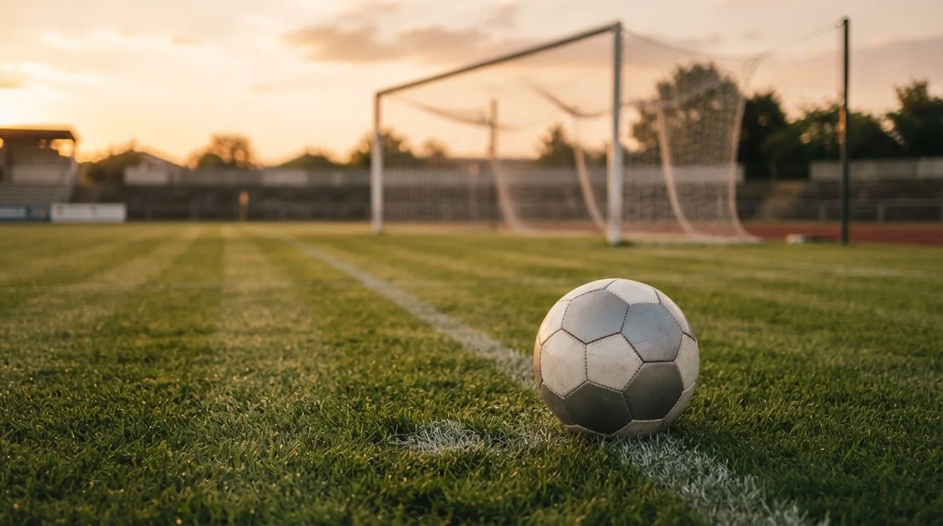 Ein Fußball liegt im Strafraum eines leeren Platzes, dahinter die Netze des Tores im Abendlicht.