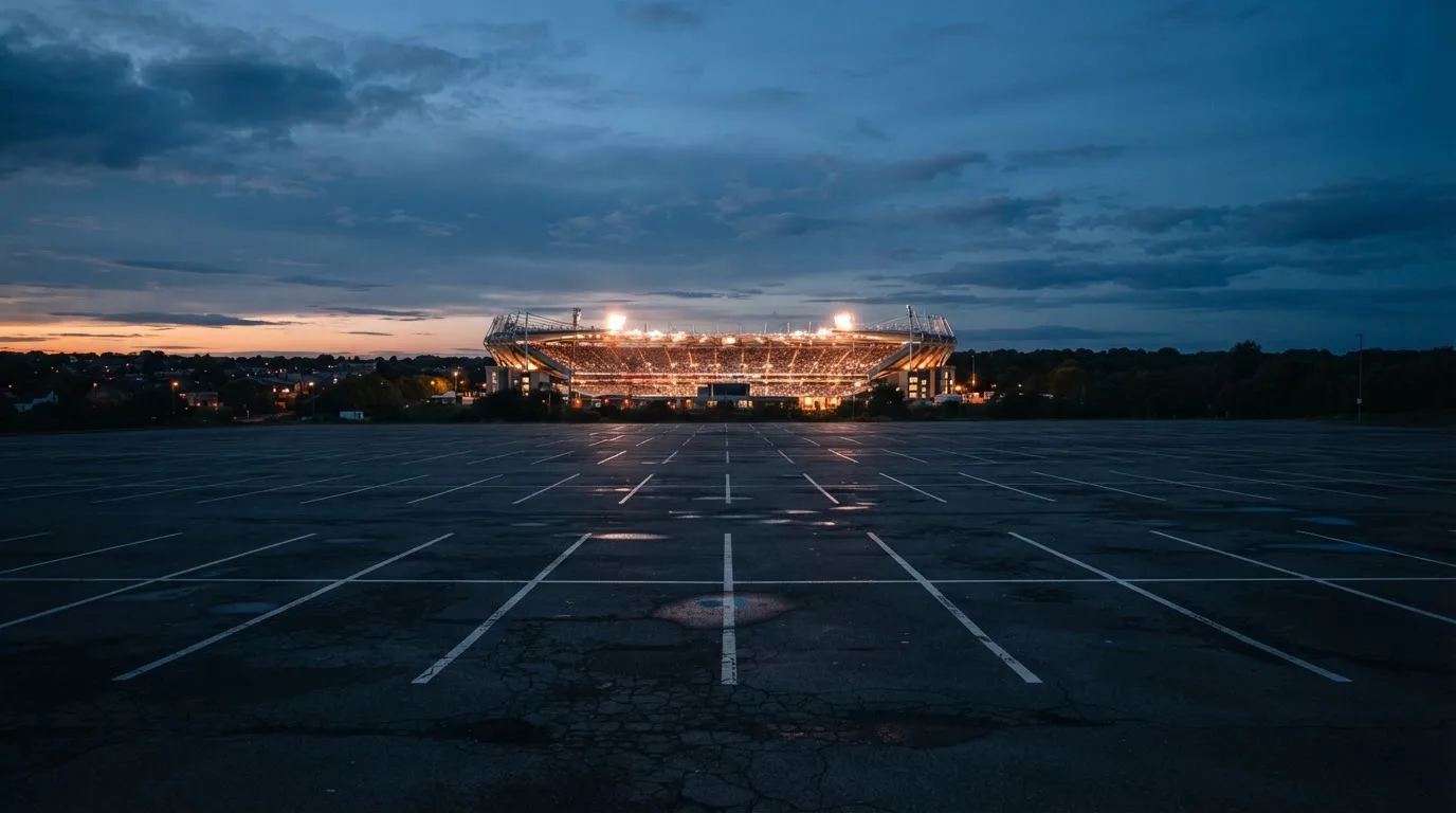 Ein Stadion unter Flutlicht aus großer Entfernung bei Einbruch der Dunkelheit, davor ein stiller Parkplatz.