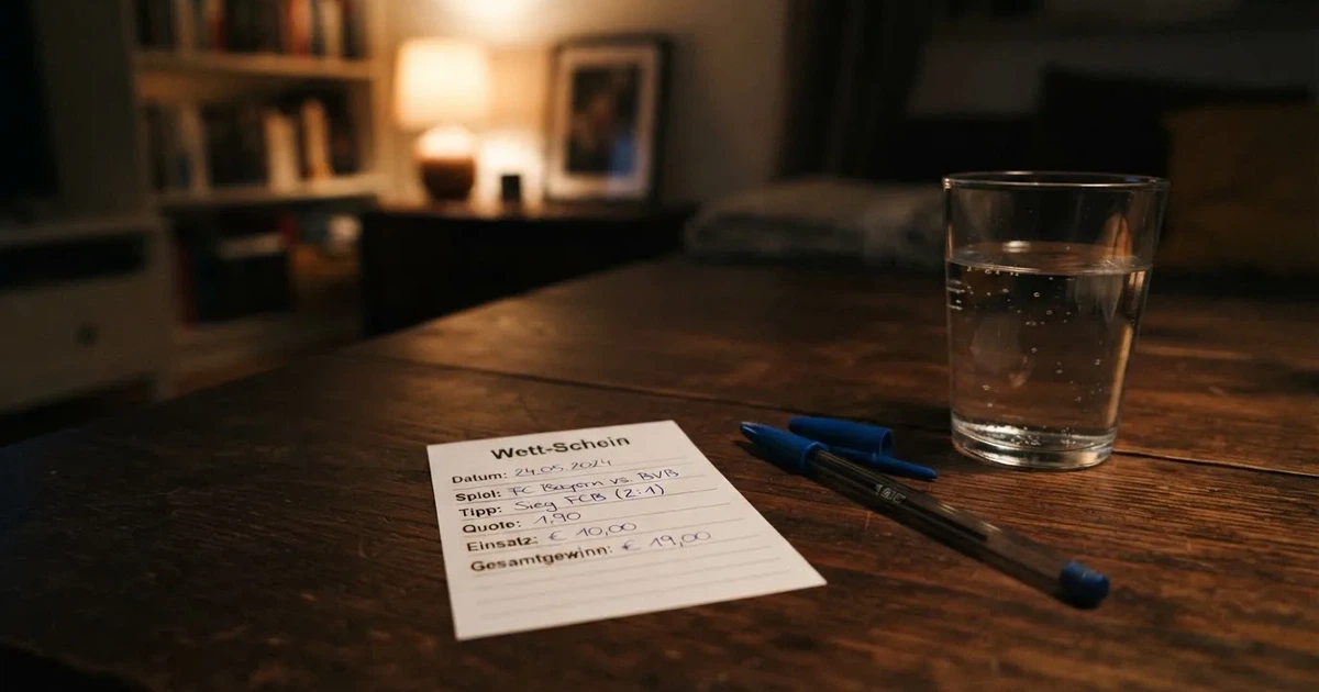Ein leerer Papier-Wettschein liegt zusammen mit einem Kugelschreiber auf einem Tisch, daneben ein Glas Wasser.