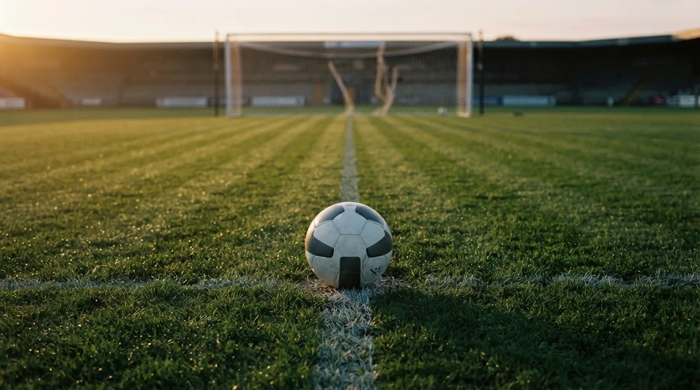 Ein Fußball liegt auf dem Elfmeterpunkt eines leeren Platzes im Abendlicht.