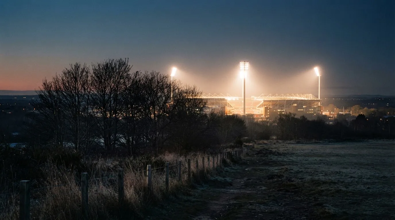 Ein Stadion unter Flutlicht, aus großer Entfernung gesehen, davor eine Reihe kahler Bäume im Dämmerlicht.
