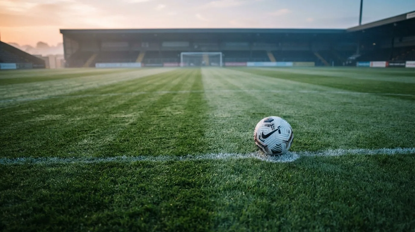 Ein Fußball auf dem Mittelkreis eines leeren Rasenplatzes im frühen Morgenlicht.