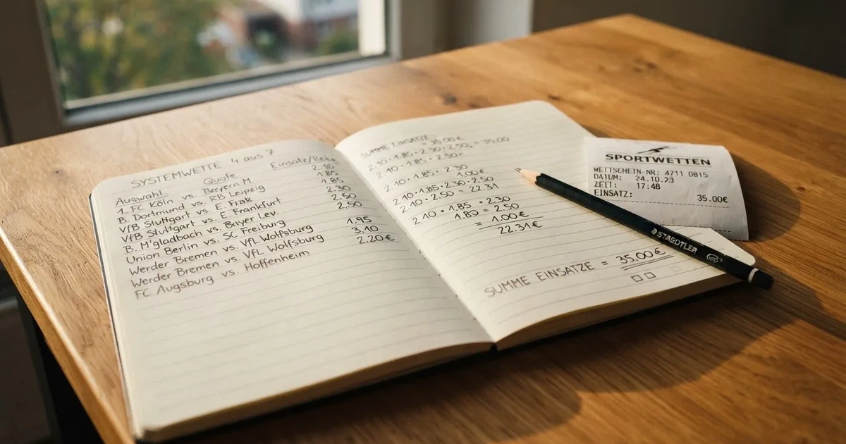 Ein Notizbuch mit handschriftlichen Zahlenreihen und Kästchen liegt neben einem Taschenrechner und einem Bleistift auf einem Schreibtisch.