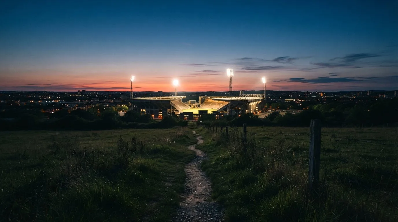 Ein beleuchtetes Stadion aus großer Distanz am Abend, im Vordergrund ein Feldweg.