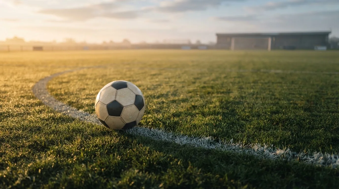 Ein Fußball liegt am Rand des Mittelkreises auf einem leeren Rasenplatz bei Sonnenaufgang.