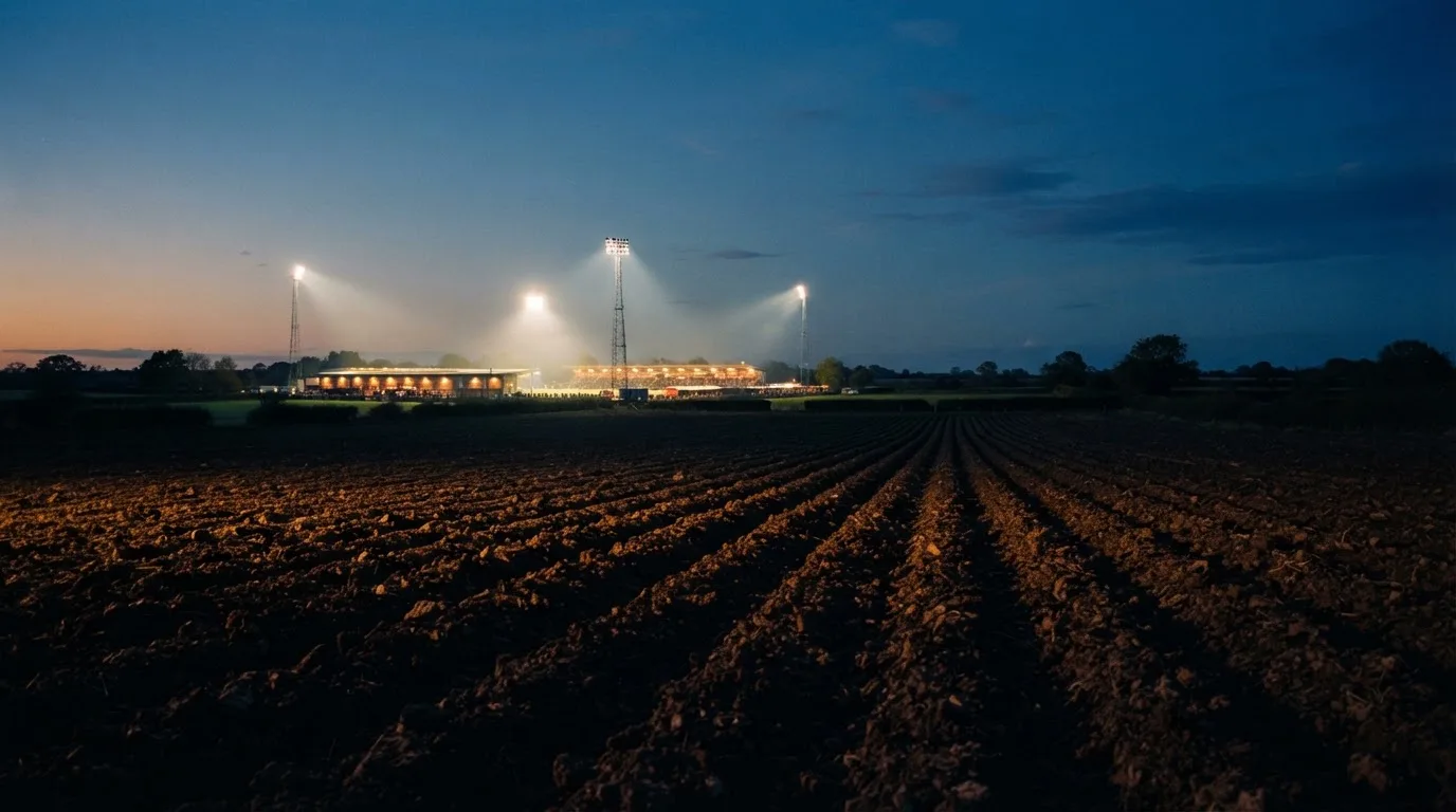 Ein Stadion unter Flutlicht aus großer Entfernung, davor ein dunkler Acker im Abendlicht.