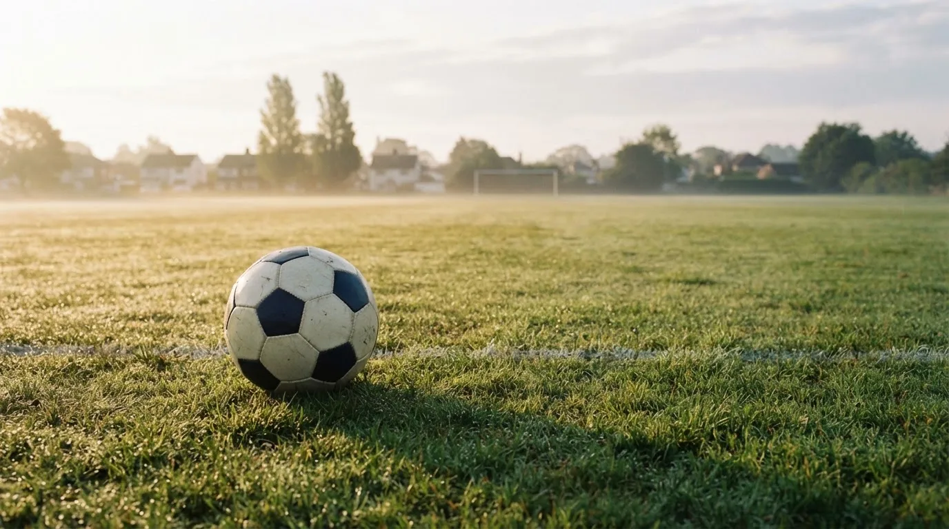 Ein Fußball auf dem Rasen eines leeren Sportplatzes am Rand einer Kleinstadt im Morgenlicht.