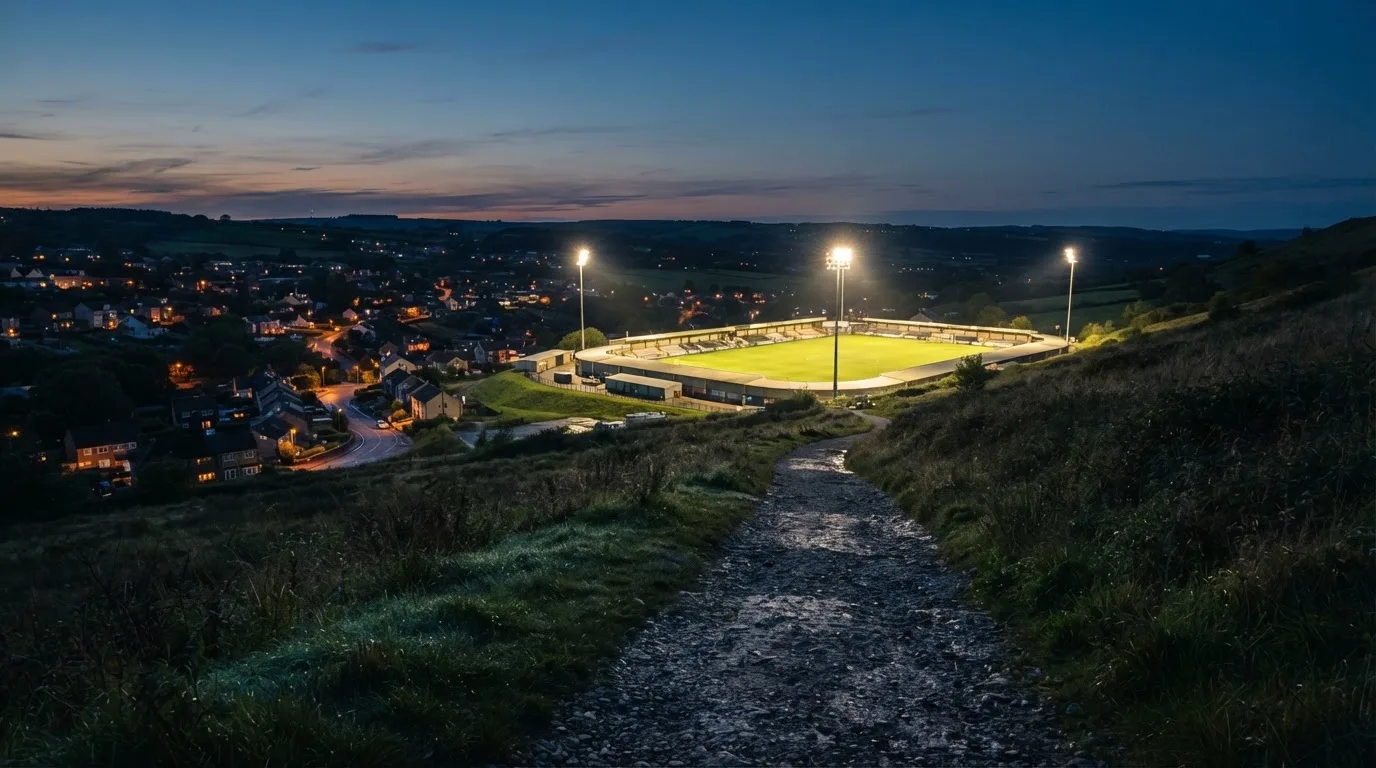 Ein Stadion unter Flutlicht, von einer Anhöhe aus gesehen, davor ein stiller Weg in der Dämmerung.
