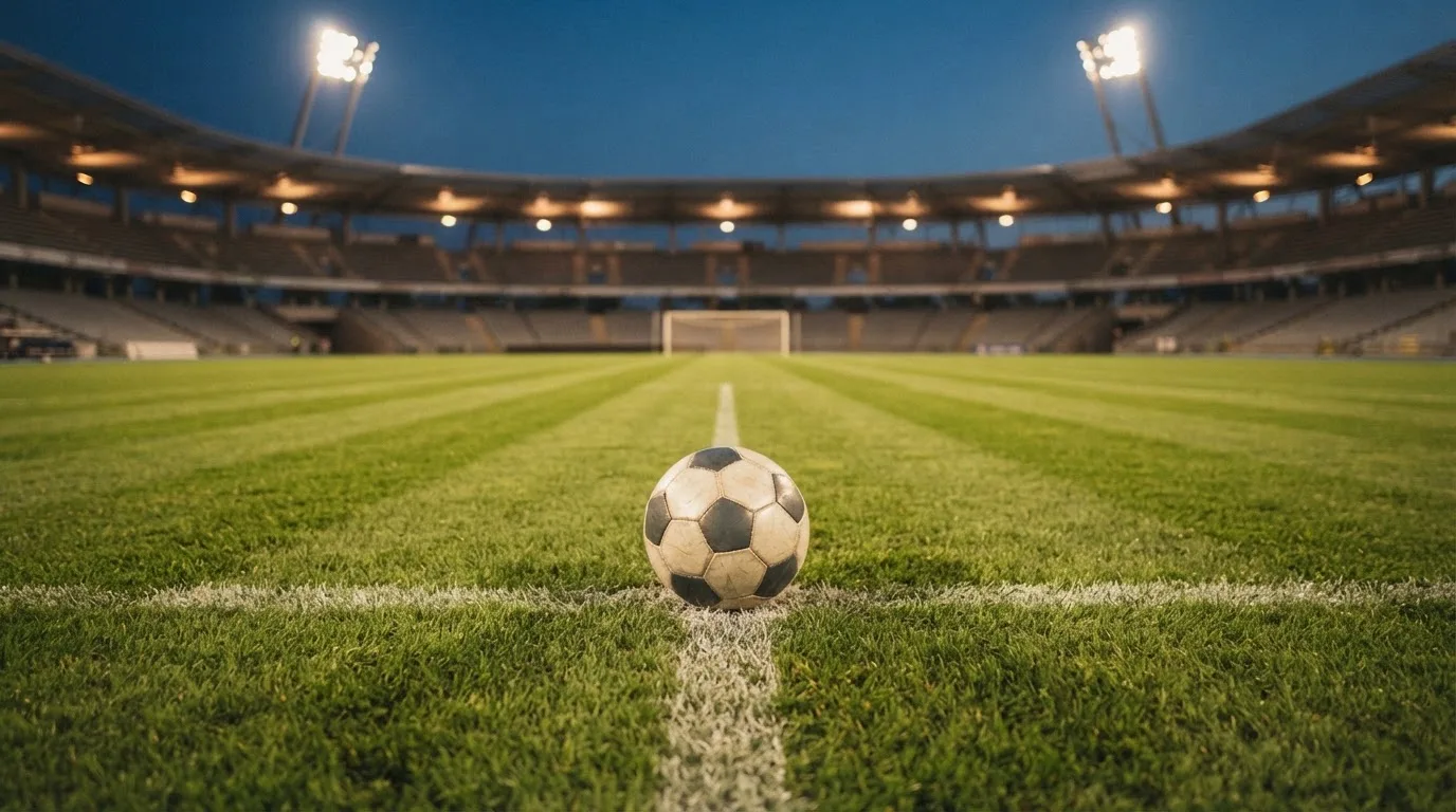 Ein Fußball liegt auf dem Anstoßpunkt eines leeren Rasenplatzes, im Hintergrund ein Stadion unter Flutlicht in der Abenddämmerung.