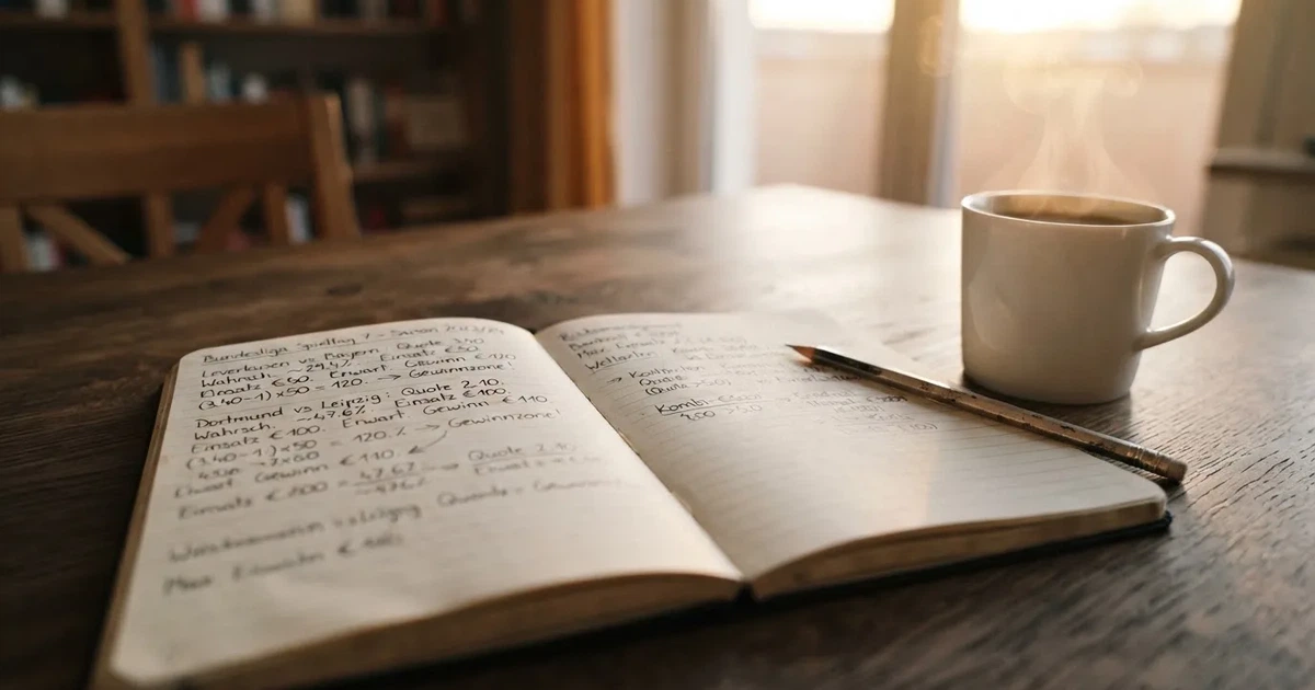 Ein Notizbuch mit handschriftlichen Rechnungen und ein Taschenrechner liegen auf einem Schreibtisch neben einer Tasse Kaffee im Licht des frühen Morgens.