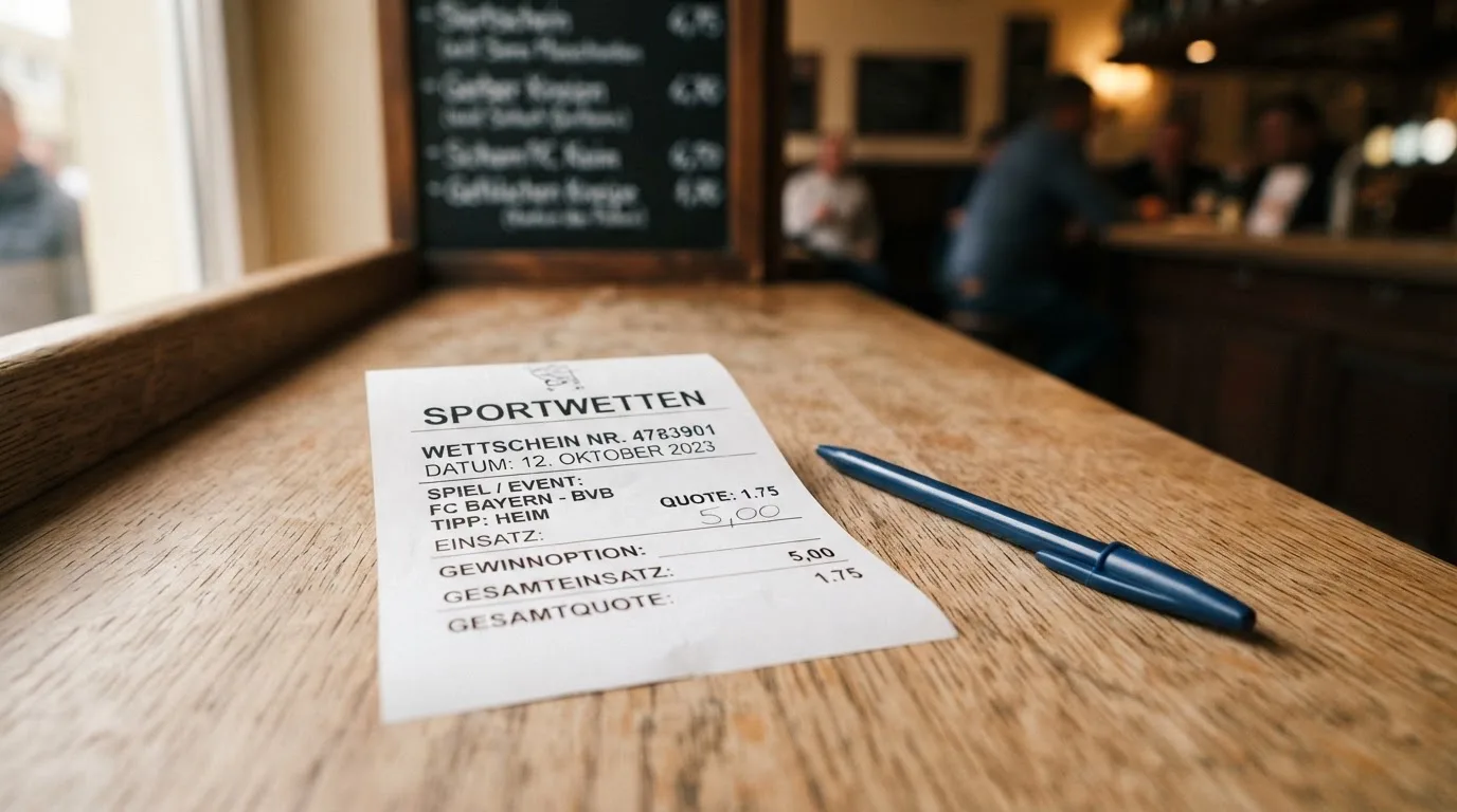 Ein leerer Wettschein aus Papier liegt neben einem Stift auf einer hölzernen Theke, weiches Licht fällt von der Seite ein.