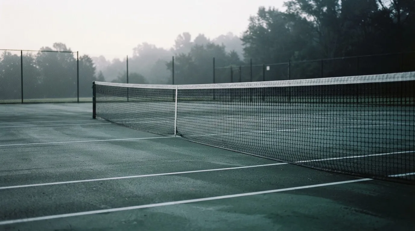 Ein Tennisplatz im Morgengrauen, das Netz und die Linien liegen im Tau, im Hintergrund leichter Nebel und kein Mensch zu sehen.