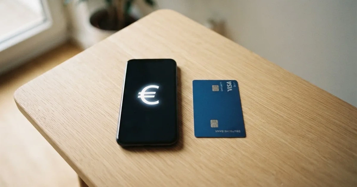 Ein Smartphone mit dunklem Display liegt neben einer schlichten Plastikkarte ohne Aufdruck auf einem hellen Schreibtisch.