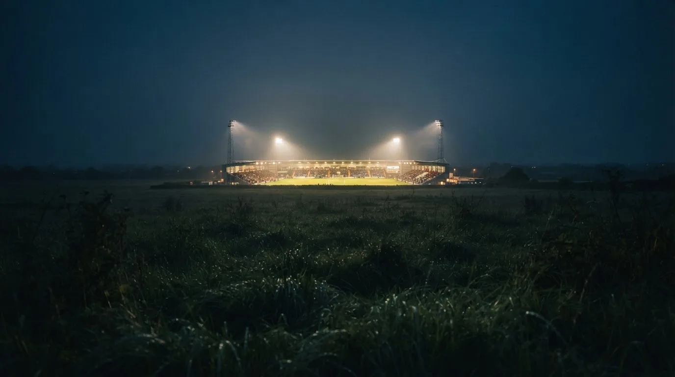 Ein Stadion unter Flutlicht, aus großer Entfernung über eine dunkle Wiese fotografiert, am Himmel zieht Nebel auf.