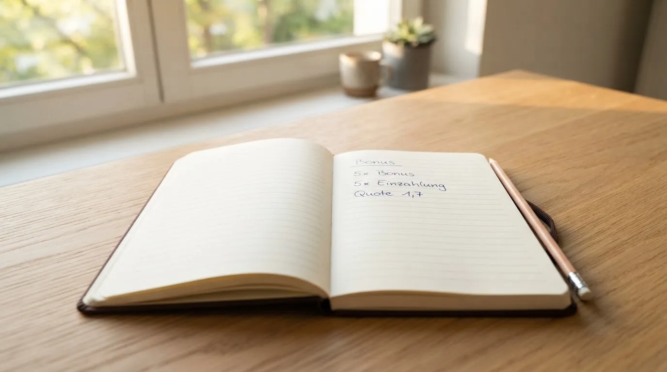 Ein Notizbuch mit handschriftlichen Notizen und ein Bleistift liegen auf einem Schreibtisch am Fenster, draußen fällt Morgenlicht herein.