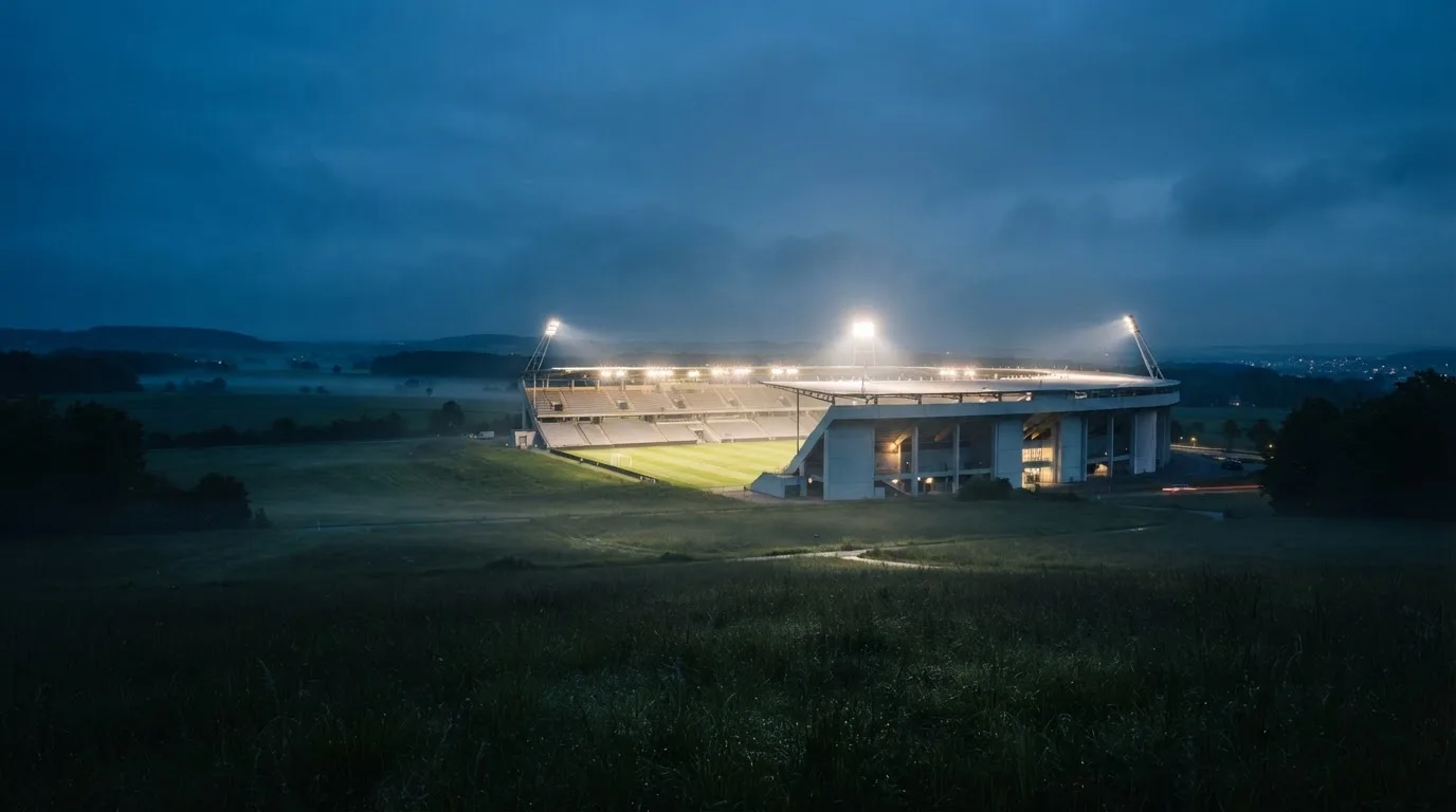Ein Stadion unter Flutlicht, aus großer Entfernung über eine dunkle Wiese fotografiert, am Himmel zieht Nebel auf.