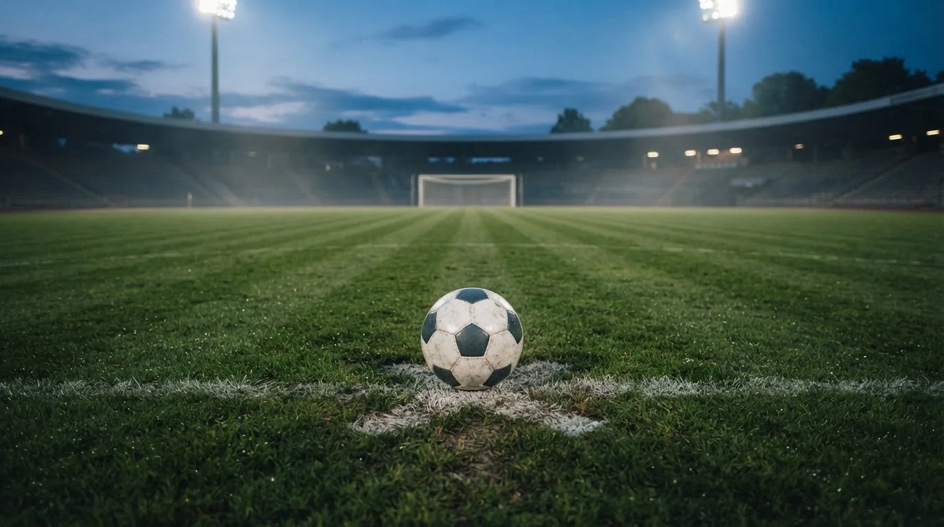 Ein Fußball liegt auf dem Anstoßpunkt eines leeren Rasenplatzes, im Hintergrund steht ein Stadion unter Flutlicht in der Dämmerung.