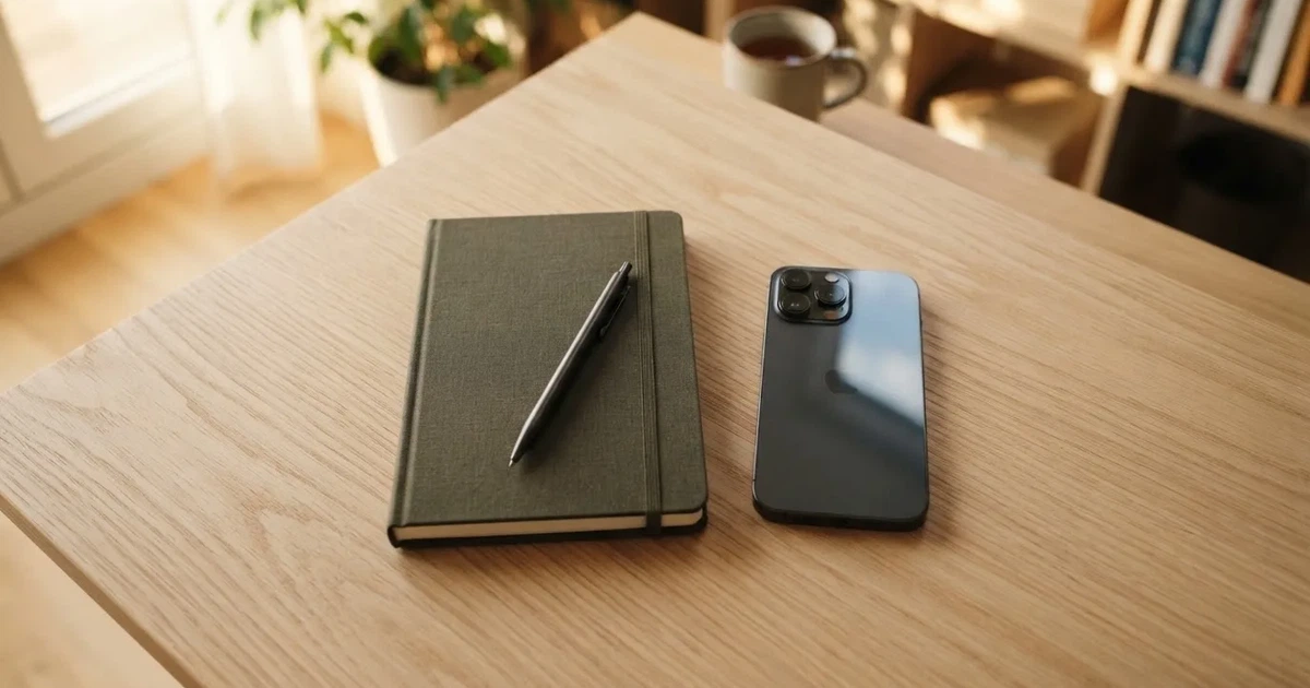 Ein Smartphone liegt neben einem Notizbuch und einem Kugelschreiber auf einem hellen Schreibtisch, das Display ist ausgeschaltet.