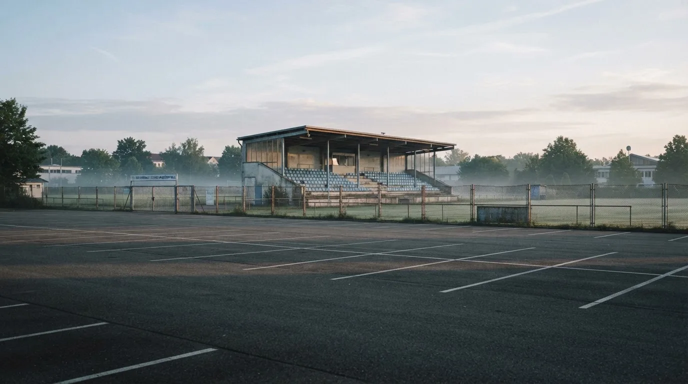 Eine leere Tribüne eines kleinen Stadions am frühen Morgen, aus der Ferne über einen menschenleeren Parkplatz fotografiert.