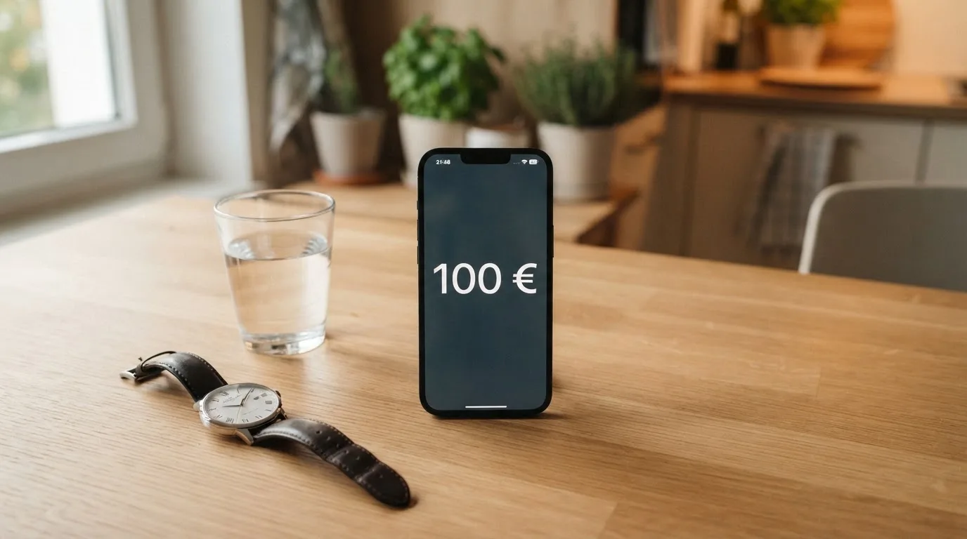 Ein Smartphone liegt mit dem Display nach unten auf einem Küchentisch, daneben stehen ein Glas Wasser und eine Armbanduhr.