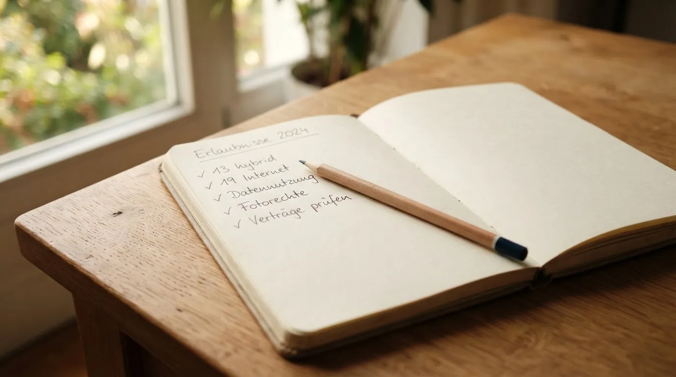 Ein Notizbuch mit handschriftlichen Notizen und ein Bleistift liegen auf einem Schreibtisch am Fenster, draußen fällt Morgenlicht herein.