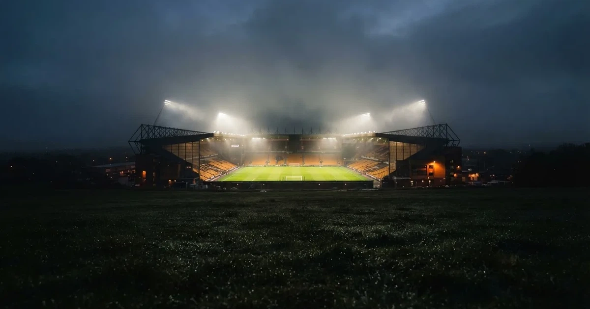 Ein Stadion unter Flutlicht, aus großer Entfernung über eine dunkle Wiese fotografiert, am Himmel zieht Nebel auf.