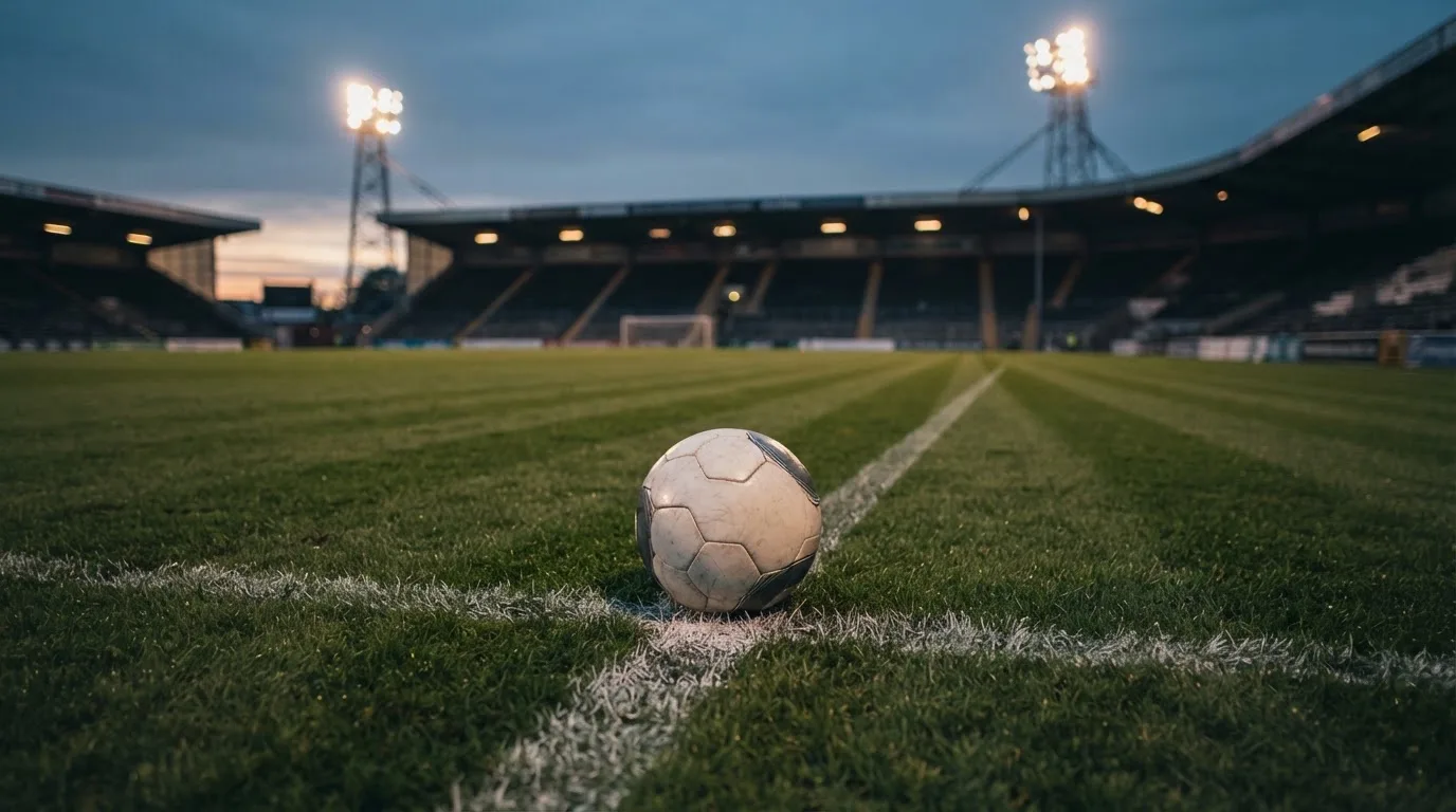 Ein Fußball liegt auf dem Anstoßpunkt eines leeren Rasenplatzes, im Hintergrund steht ein Stadion unter Flutlicht in der Dämmerung.