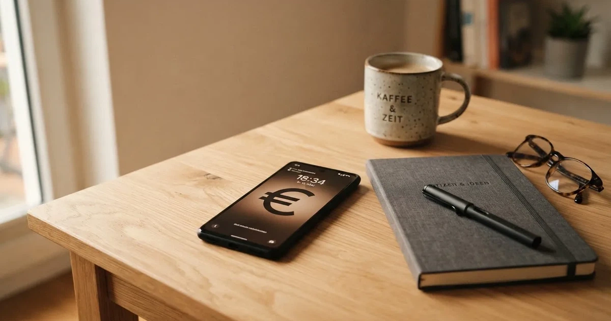 Ein Smartphone liegt neben einem Notizbuch und einem Kugelschreiber auf einem hellen Schreibtisch, das Display ist ausgeschaltet.