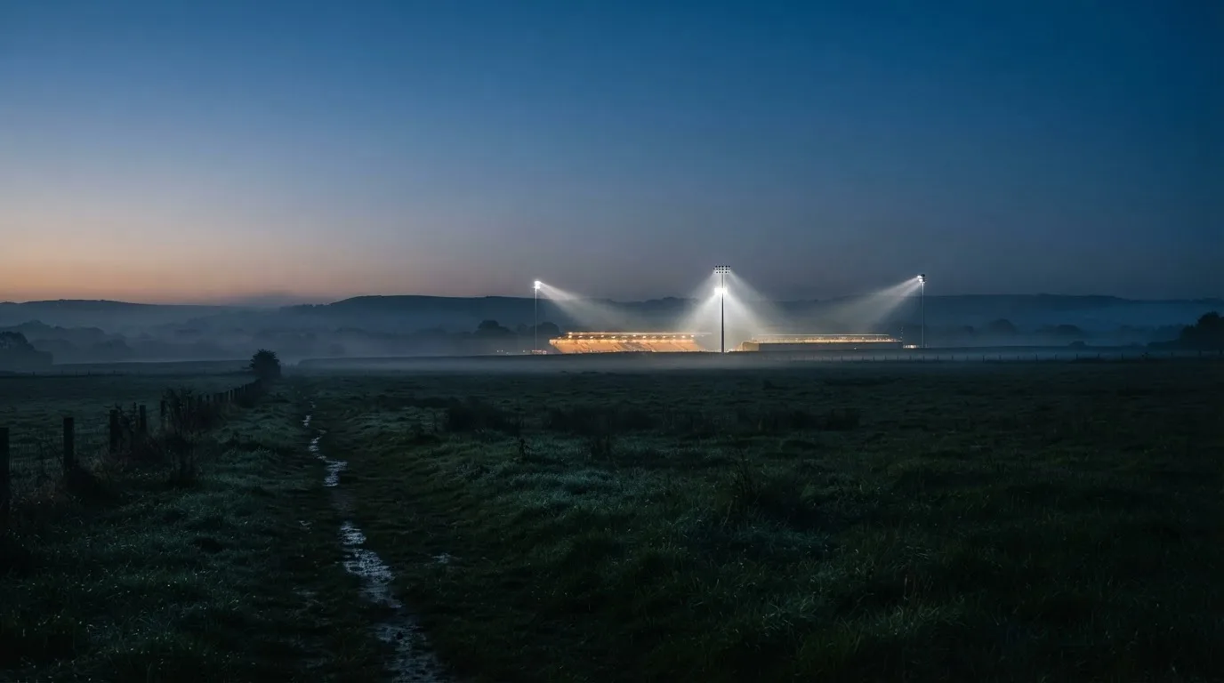 Ein Stadion unter Flutlicht, aus großer Entfernung über eine dunkle Wiese fotografiert, am Himmel zieht Nebel auf.